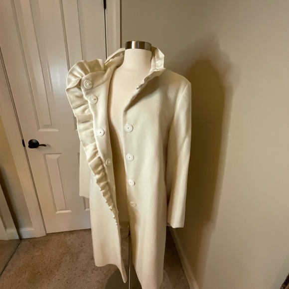 DKNY Wool Blend Ruffled Cream Overcoat - Picture 5 of 7
